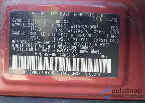 2013 Subaru Outback 2.5I Limited from USA, damaged, VIN 4S4BRCPC4D3215722